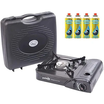 Image of STOREX Portable Single Burner Hob Camping Gas Stove Cooker Automatic Ignition System Enamel Pan Holder Butane BBQ with 4 Refill Cans