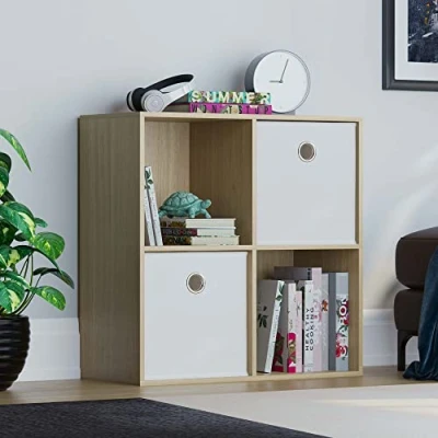 Image of Vida Designs Durham Cube Bookcase Storage Organiser Living Room Bookshelf Home Office Furniture (4 &amp; 2 White Baskets, Oak)