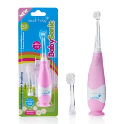 Image of New brush Baby BabySonic Toddler Electric Toothbrush, Pink, Extra Soft bristles, a 2 Minute Timer, and LED Light up Toothbrush Head. Suitable for Ages 0 3