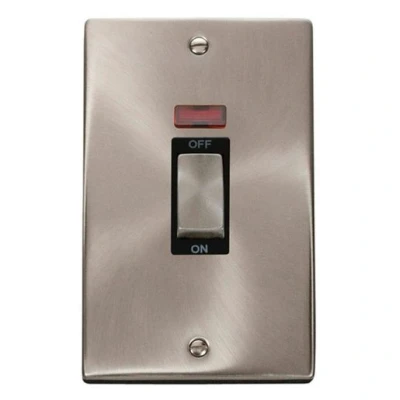 Image of Click Deco VPSC503BK Satin Chrome Ingot’ 45A 2 Gang Single Cooker Switch with Neon 5055287020628Black Insert …