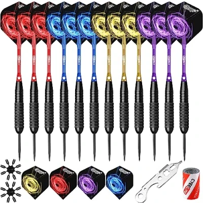 Image of CyeeLife Steel tip Colorful Darts set 22g With Aluminium Shafts(4 Colors)+16 Protectors+16 Flights(4 Colors)+Sharpener+Tool,12 Packs(4 Sets) for 4 Beginners Home
