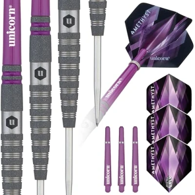 Image of Unicorn Professional Darts Set Amethyst 4 90% Natural Tungsten Barrels with Purple Accents &amp; Laser Etched U Logo Hallmark Steel Tip 22 g
