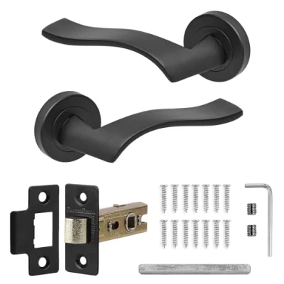 Image of Decoranddecor Black Door Handles Internal Aluminium Matt Handle Sets for Wooden Interior Doors with Fire Rated Tubular Mortice Latch Emblaze Range