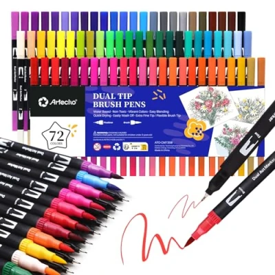 Image of Artecho 72 Dual tip brush Pens，Colouring pens for Adult，Colouring Books，Calligraphy，Drawing，Sketching, nylon Artists，Beginners