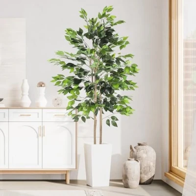 Image of YOLEO 5.5FT Artificial Ficus Tree with White Tall Planter, Lifelike Fake Silk Indoor, Faux Plant for Living Room Bedroom Balcony Corner Office Decor