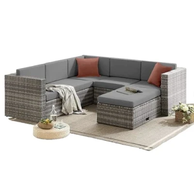 Image of EVRE Monaco Grey 6 Seater Sectional Corner Outdoor Rattan Garden Furniture Set with Cushions Convertible Glass Top Coffee Table for Patios Conservatories Indoor