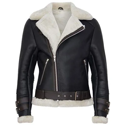Image of Men&#039;s Brown Retro RAF B3 Pilot Real Sheepskin Shearling Biker Leather Jacket S