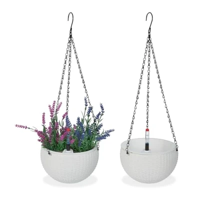 Image of Relaxdays Set of 2 Hanging Baskets with Water Reservoir, HxØ: 54 x 18.5 cm, Out &amp; Indoor, Suspended Pot, Plastic, White, cm