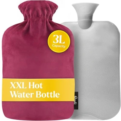 Image of Qomfor Large Hot Water Bottle with Fleece Cover UK (3L) Long Lasting for Bed, Back Pain, and Period Relief Cozy Bed Warmer, Perfect Gift Women (Burgundy)