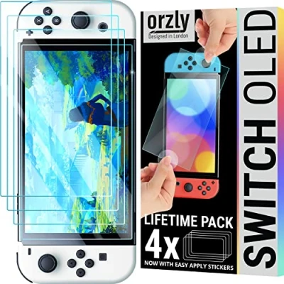 Image of Orzly Glass Screen Protector for Nintendo Switch OLED 2024 Console Accessories (Pack of 4) Tempered Life time Edition