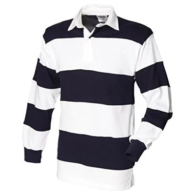 Image of Front Row Sewn Stripe Long Sleeve Rugby Shirt Colour:White Navy White Collar Size:XL