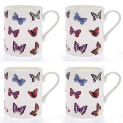 Image of Set 4 Fine Bone China Mugs Butterflies Design