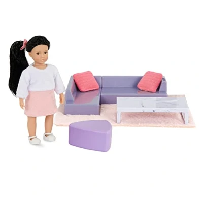 Image of Lori LO37120Z Mini Toy Living Room Furniture 6 inch Doll &amp; Dollhouse Accessories, Pouffe, Table, Rug, Pillows Play Kids 3 Years + Yuni’s Cozy Sofa Set, Multi, S