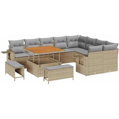 Image of vidaXL 12 Piece Garden Sofa Set with Cushions Beige Poly Rattan Acacia