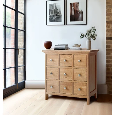 Image of Hallowood Furniture Camberley Oak CD Storage Cabinet in Light Oak, Solid Wooden DVD Rack, with 9 Drawers, Media Storage, Drawers for 207 CDs or 63 DVDs