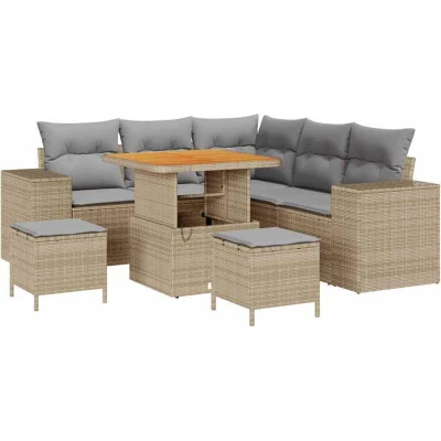 Image of vidaXL 8 Piece Garden Sofa Set with Cushions Beige Poly Rattan Acacia