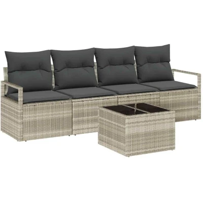 Image of vidaXL 5 Piece Garden Sofa Set with Cushions Light Grey Poly Rattan