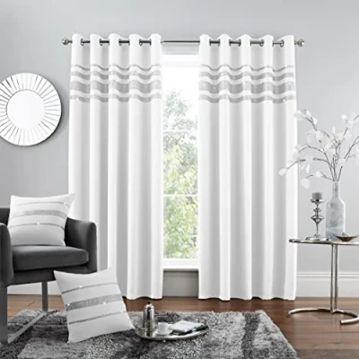 Image of GC GAVENO CAVAILIA Blackout Curtains For Bedroom, Diamante Eyelet Curtains, Window Curtain Tie Backs, White, 66x90