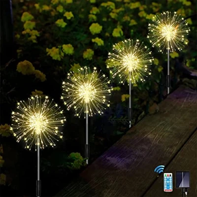 Image of Joysing Solar Lights Outdoor Garden 4 x 120 LED Firework Lights, 8 Modes Starburst with Remote, Waterproof Firefly for Backyard Patio Wedding Decoration(Warm White)
