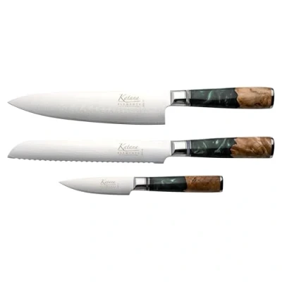 Image of Katana Saya Elements 3 Piece Kitchen Knife Set, Rainforest Green, VG 10 Damascus Steel with Olivewood and Resin Handle, (KEG 3167)