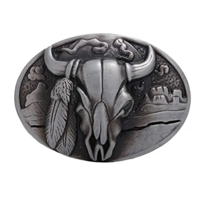 Image of Belt Buckle, Vintage Celtic Knot Buckle for Men Simple Cowboy Western Golden Tone Heavy Bull Head Buckle,Metal Steer Skull Cow Horns Silver Buckle.