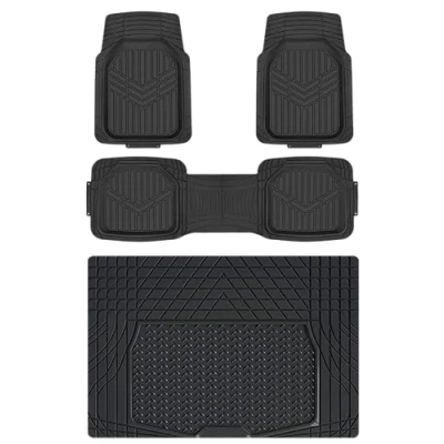 Image of Amazon Basics Deep Dish Universal Heavy Duty PVC Faux Rubber Floor Mats Set 4 piece with Cargo Liner, All Weather Protection waterproof Trim To Fit for Cars, Automotive, SUVs, Sedan, Trucks, Black