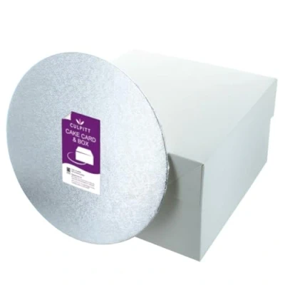 Image of Culpitt 10&quot; Round Silver Cake Card &amp; White Box Combo, 3mm Turned Edge Board and For Sponge Cakes, Muffins, Cupcakes, 88603