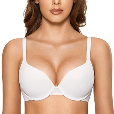 Image of DOBREVA Women&#039;s Push Up Bra Underwire Padded T Shirt Bras Full Coverage Plunge White 36B