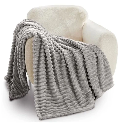 Image of GC GAVNO CAVAILIA Ribbed Blanket Throw Fluffy Fleece Throws For Sofas, Bed, Settee, Couch Comfortable Extra Large Blankets &amp; King Size 200x240 Cm Grey