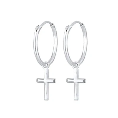 Image of Elli Earrings Ladies Creoles Cross Pendant Faith Religion in 925 Sterling Silver