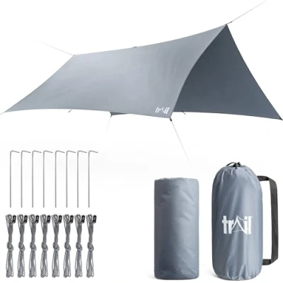 Image of Trail Camping Tarp Shelter 3m x 3m, Lightweight Waterproof 4000mm HH, UPF50+ UV Protection, Portable Heavy Duty Outdoor Camp Rain Fly Tarpaulin, Sun Hammock Canopy with Pegs, Guy Lines, Bag (No Poles)
