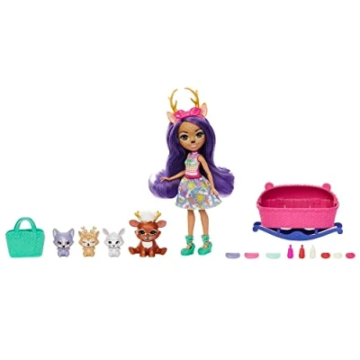 Image of Enchantimals Baby Best Friends Danessa Deer and Sprint Doll with 12 Surprises in Each Box, 9 Accessories, Carrier Seat Changing Bag, for Magical Collecting Fun, HLK84