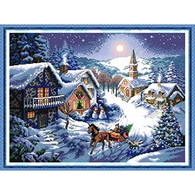 Image of Cross Stitch Kits, Awesocrafts Dusk in The Snow Easy Patterns Stitching Embroidery Kit Supplies Christmas, Counted (Dusk, Counted)