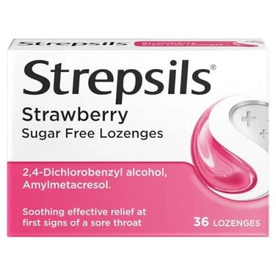 Image of Strepsils Strawberry Lozenges, 36 Count Fast Acting Sore Throat Relief, Germ Fighting, Pain Relieving, Works in 5 Minutes