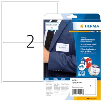 Image of HERMA Self Adhesive Clothing Labels, 2 Labels per A4 Sheet, 20 Sheets, 199.6 x 143.5 mm, 40 Blank Removable Name Stickers, Sticky Textile for Laser &amp; Inkjet Printer, White