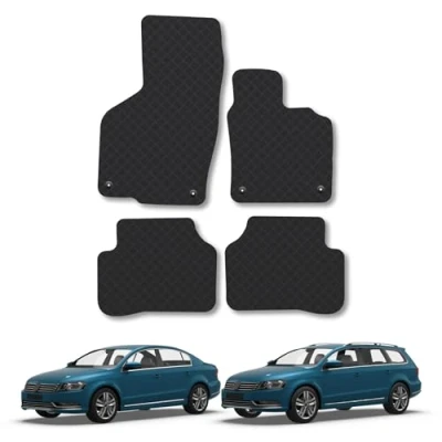 Image of Rubber Car Mats Compatible with VW Passat (2011 2015) Tailored Fit Floor Set Accessory Black Custom 4 Pieces Clips Anti Slip Backing, Heavy Duty &amp; Waterproof