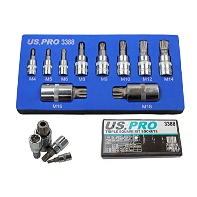Image of US PRO 10pc Triple Square Spline Bit Sockets in Foam Tray M4 M18 XZN