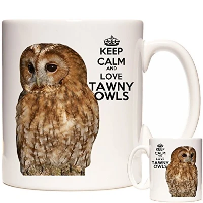 Image of KAZMUGZ Tawny Owl Mug, Keep Calm mug. British Wildlife Gift. 11oz ceramic Ornithology Coffee Brown Mug