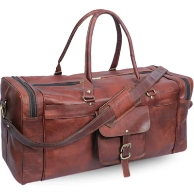 Image of Vintage 24 inch Leather Duffle Bags for Men Brown Genuine Travel Bag Men&#039;s Overnight Bag, Weekender Carry On Duffel Luggage Traveling