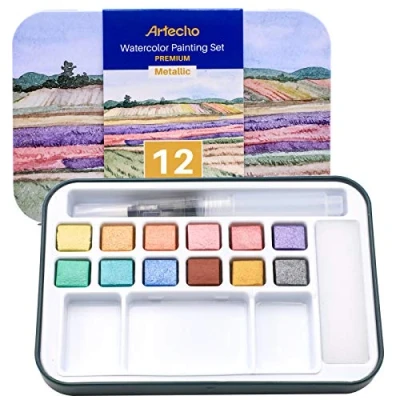Image of Artecho Watercolour Paint Set,12 Metallic Colors, Watertbrush Pen Included, Lightweight and Portable,Watercolour Paints for Artists Beginners