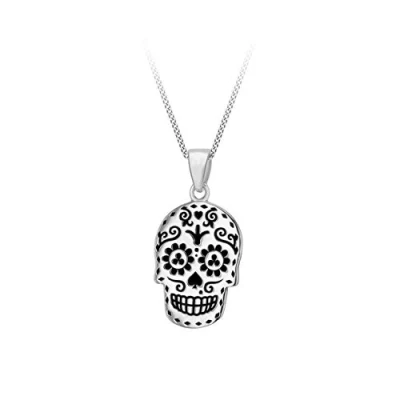 Image of Tuscany Silver Women&#039;s Sterling Oxidised &#039;Day of the Dead&#039; Skull Pendant on Curb Chain 46cm/18&quot;