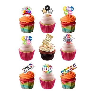 Image of 24 Stand Up 100th Hundred Birthday Celebration Themed Edible Wafer Paper Cake Toppers Decorations