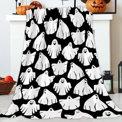 Image of JOOCAR Halloween Ghost Throw Blanket Funny Boo Spooky Black and White Theme Cozy Soft Lightweight Flannel Plush Blankets for Bed Couch Living Room Sofa Chair,50x60 Inch