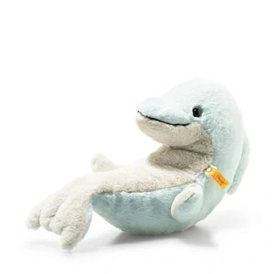 Image of Steiff Denny Dolphin Cuddly Toy, Cute Stuffed Toy with Plastic Eyes, Children, Boys &amp; Girls, Soft Friends, Plush 32 cm, Light Blue, 065194