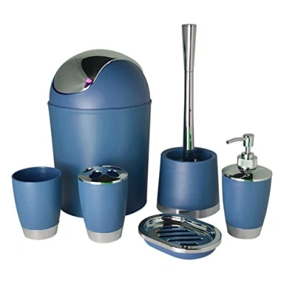 Image of Bathlux Modern Design 6 Piece Bathroom Accessory Set, Toilet Brush, Waste Bin, Soap Dish, Tooth Brush Holder Dispenser, Rinse Cup (Blue)