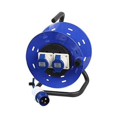 Image of Ex Pro 2 Gang Open Reel Drum with 50m Extension Cable, 240V 16A, 3 Pin Hook Up EN60309 Plug Socket for Caravan Site Camping Motorhome Marina, Blue