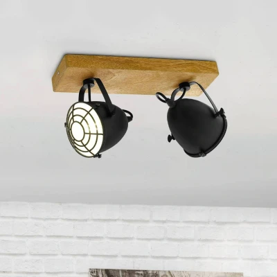 Image of Eglo Ceiling Light Fitting Gatebeck, Industrial lamp Living Room, Vintage Spotlight bar with 2 orientable spot Lights, Black Steel and Natural Wood, E14 Socket, FSC Certified