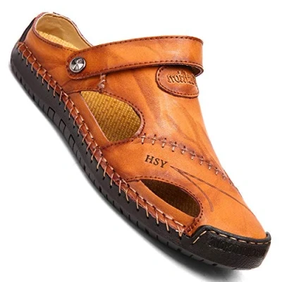 Image of GSNOW Mens Comfortable Leather Orthopedic Sandals Dad Slippers Beach Shoes Light Brown
