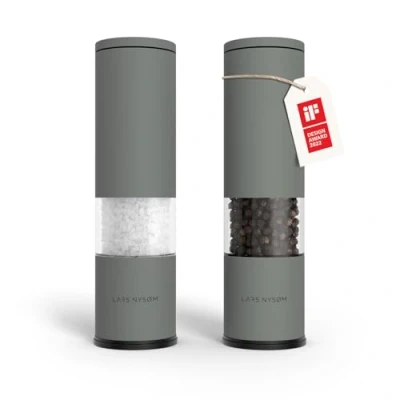 Image of LARS NYSØM Salt and Pepper Mills Set Stainless Steel with Adjustable Ceramic Grinder 2 Pieces I Design Spice Manual (Ash Gray)