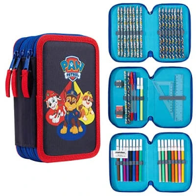 Image of Paw Patrol Pencil Case with Stationery Set Marshall Chase Rubble Filled Multiple Zipped Compartments School Gifts for Kids (Red/Blue Triple Zip)